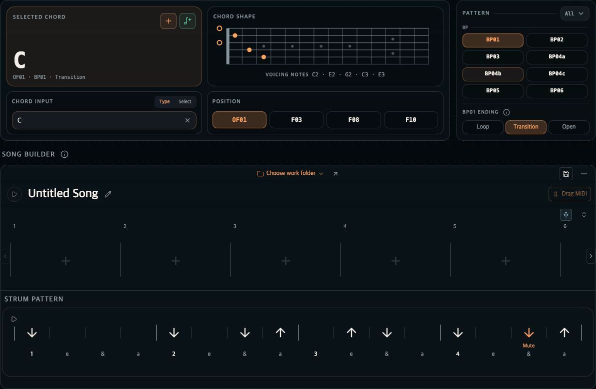 In-development OHHA MIDI interface with a C chord, guitar voicing positions, strum patterns and Song Builder.